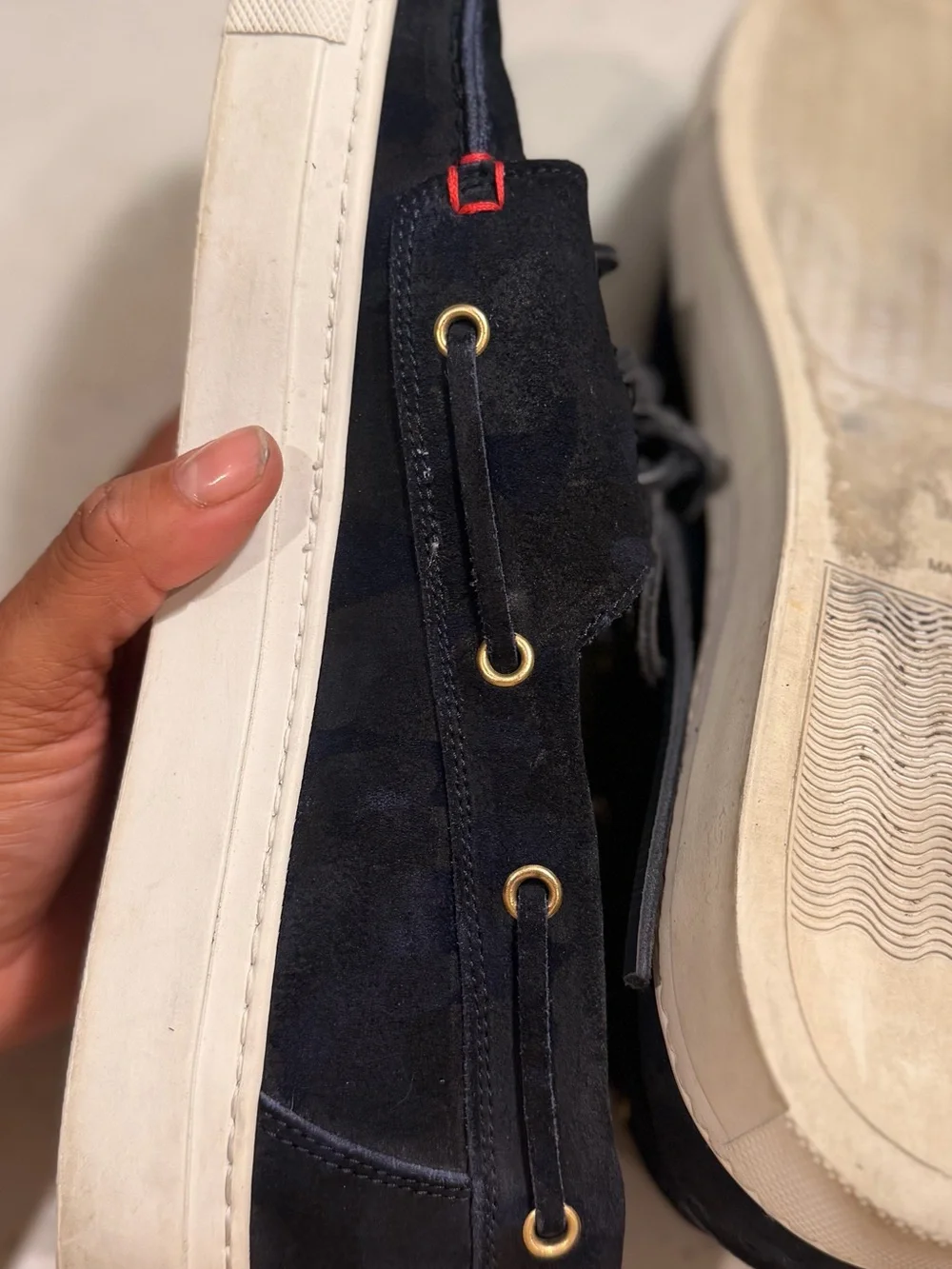 Del Toro Navy Suede Camouflage Boat Shoes with Gold Eyelets